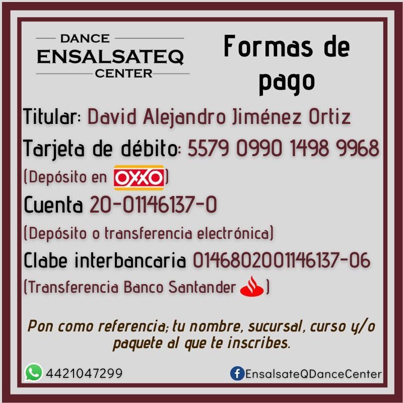 DATOS DEPOSITO ENSALSATEQ MAYO 2022 clases grupales pago